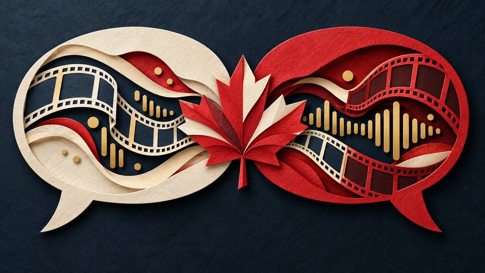 Two interlocking ivory and red paper speech bubbles with film and sound shapes