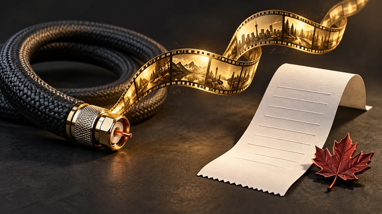 A braided cable becoming a gold film ribbon beside a blank receipt and maple leaf