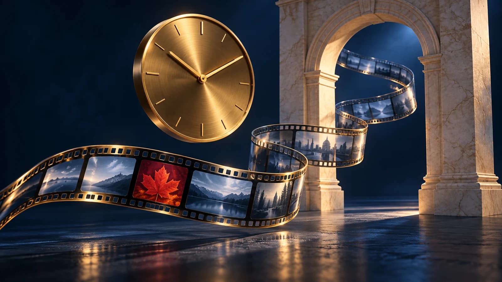 A sculptural gold clock above a translucent film strip curling backwards through a stone arch